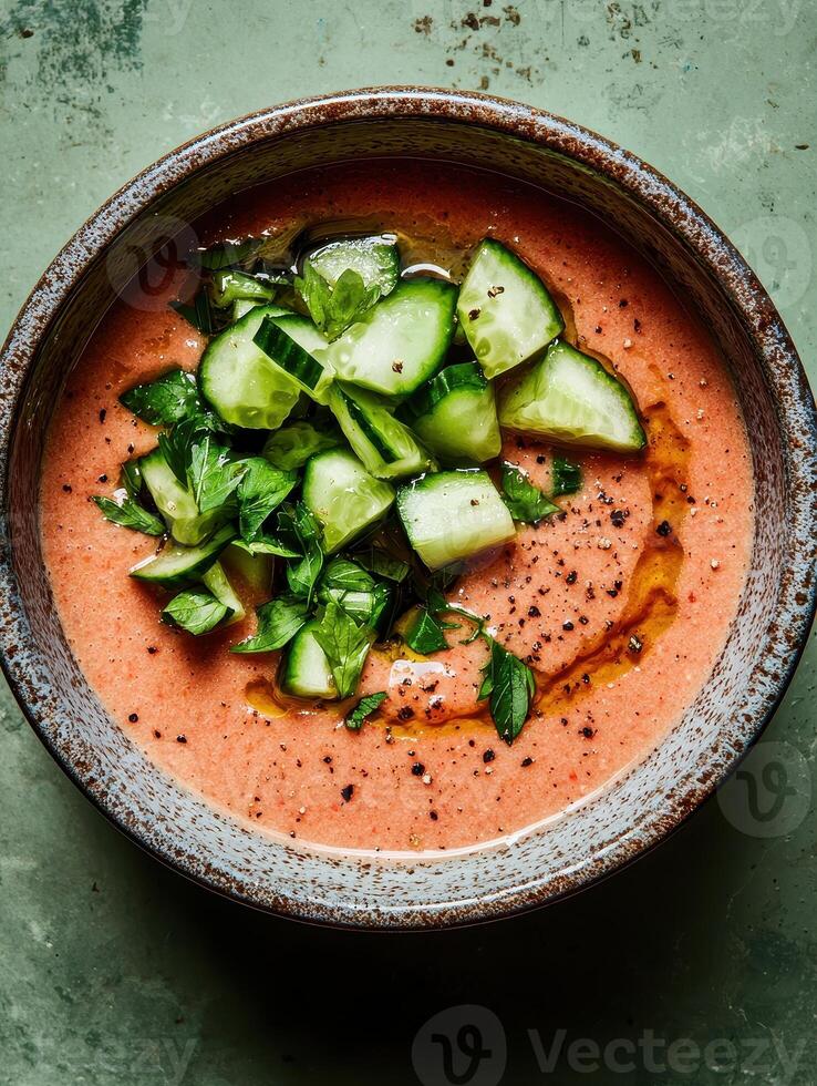 Gazpacho in a bowl with cucumber and parsley photo