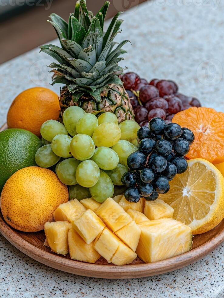 Fresh fruit platter with pineapple, oranges, grapes, and lemon photo