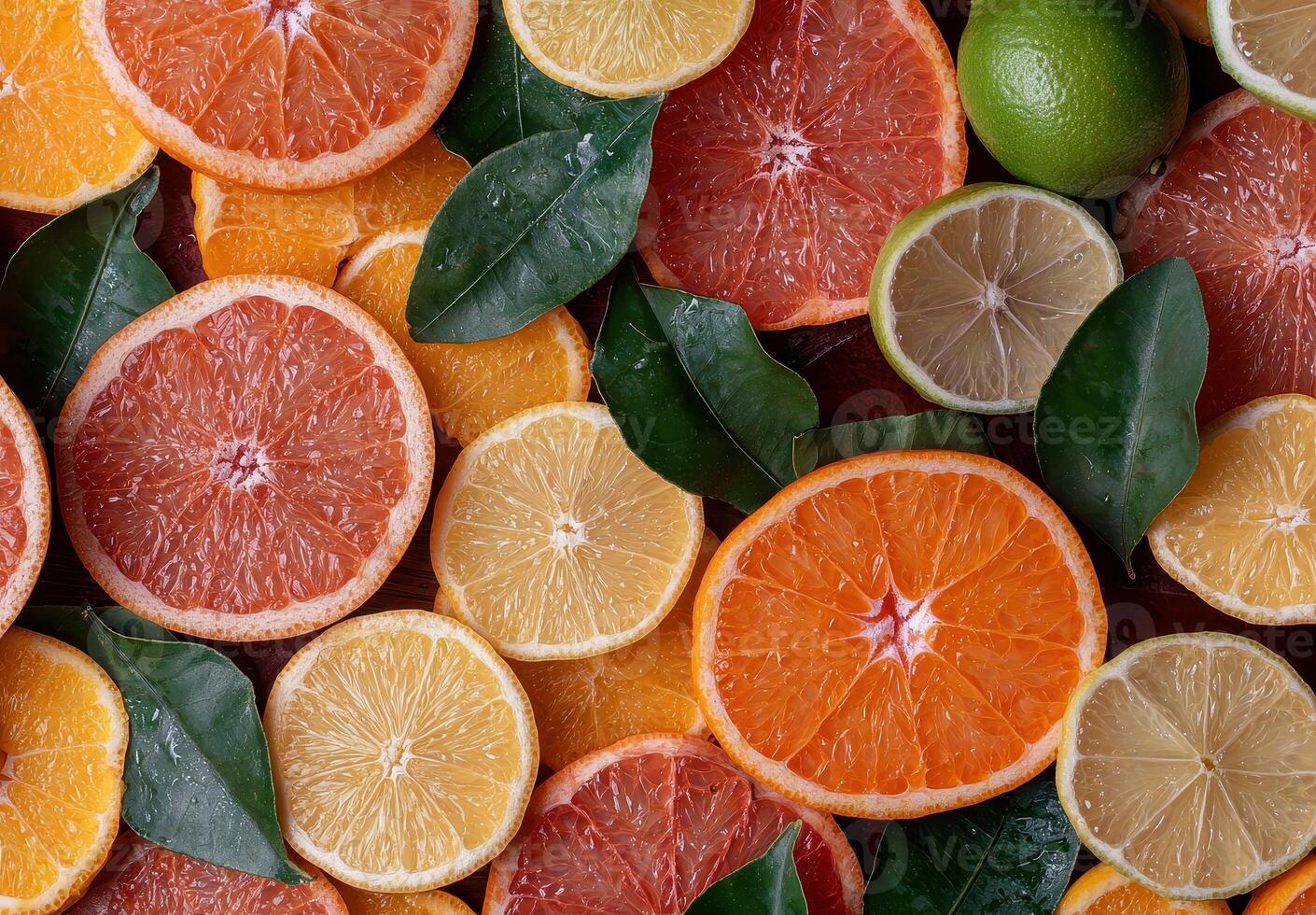 Assorted citrus fruits background, overhead shot photo