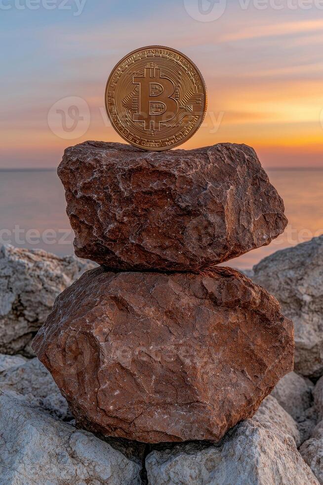 Bitcoin cryptocurrency coin on balanced rocks at sunset photo