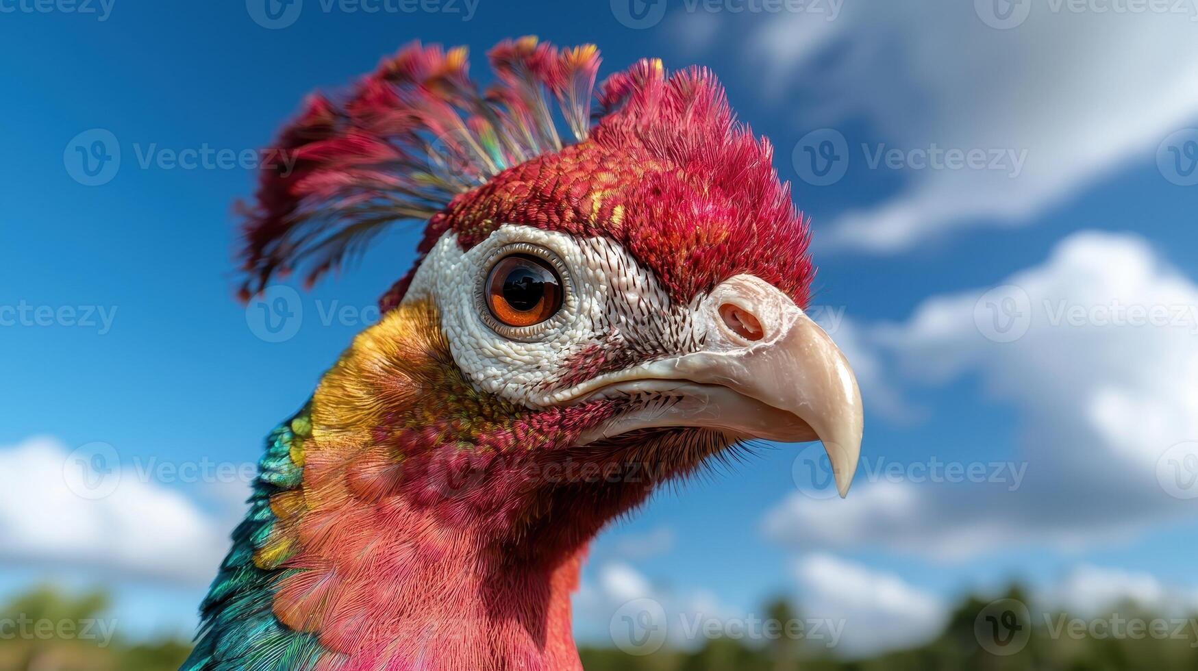 Close up portrait of a vibrant red and green bird against a blue sky photo
