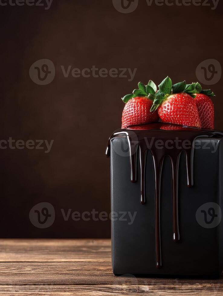 Chocolate covered strawberries on a black gift box photo