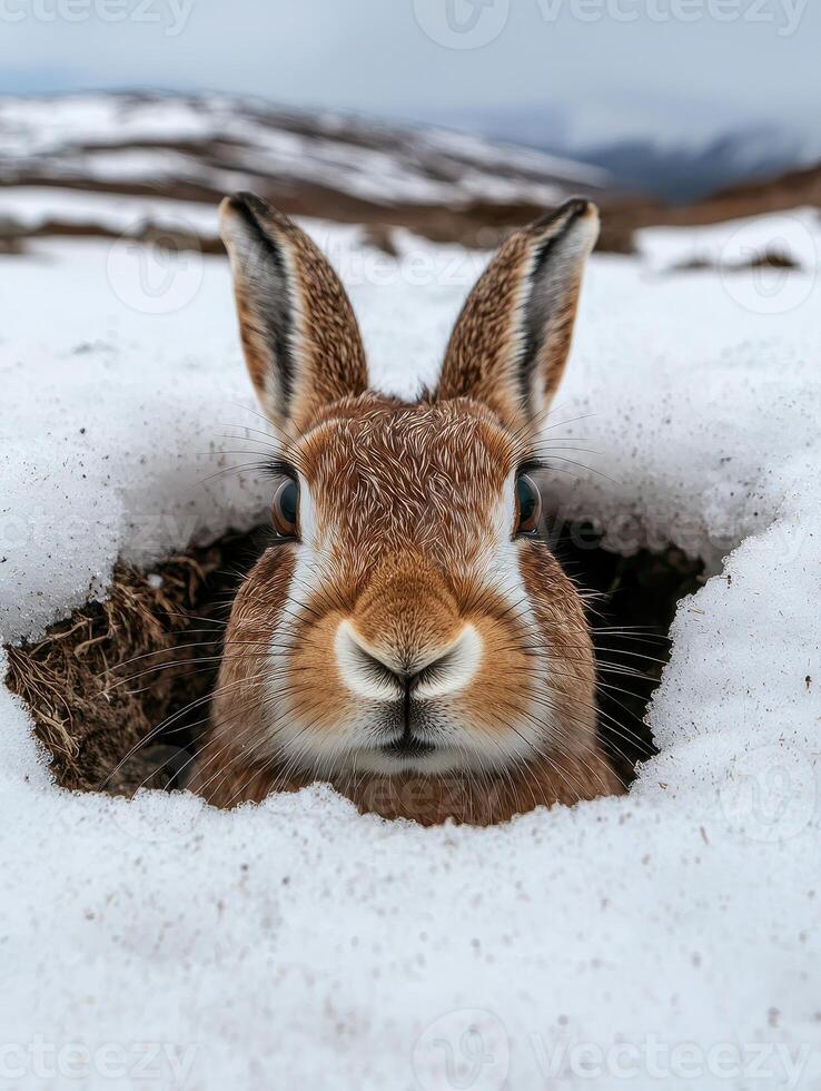 Curious brown hare peeking out of snow hole in winter mountains photo