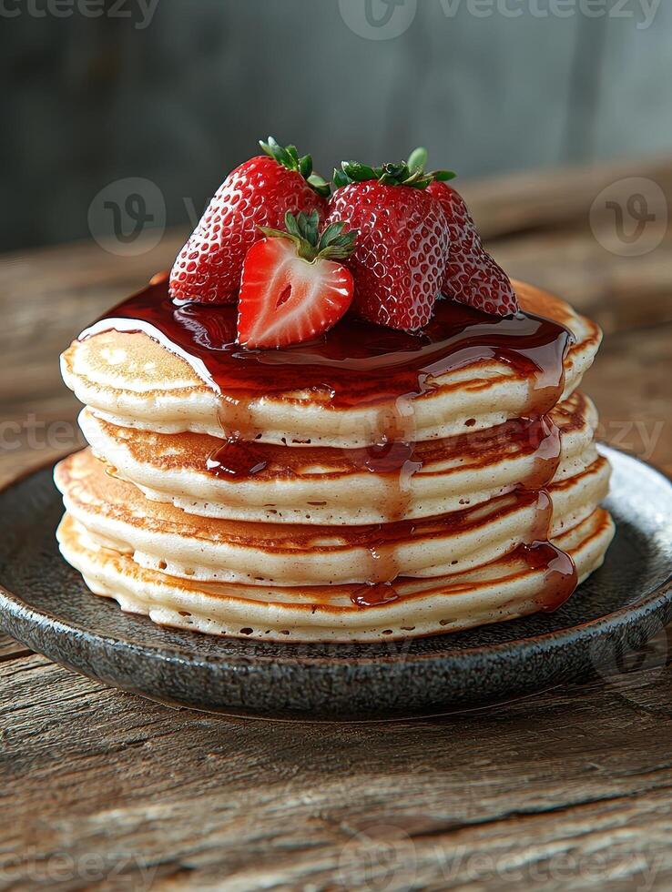 a stack of pancakes with strawberries on top photo