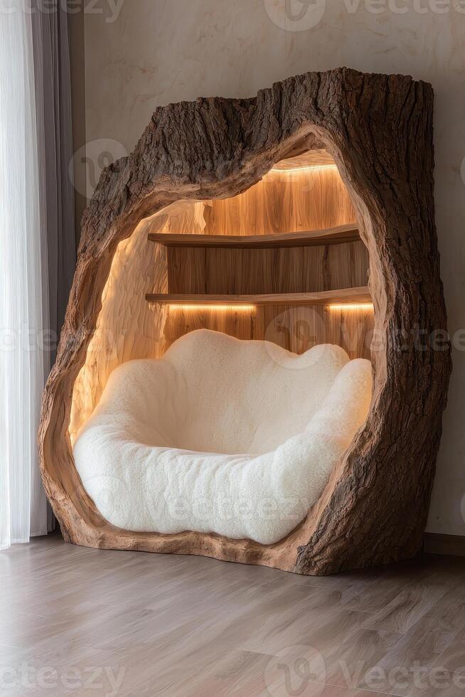 Unique tree trunk couch with built in shelves and warm lighting photo