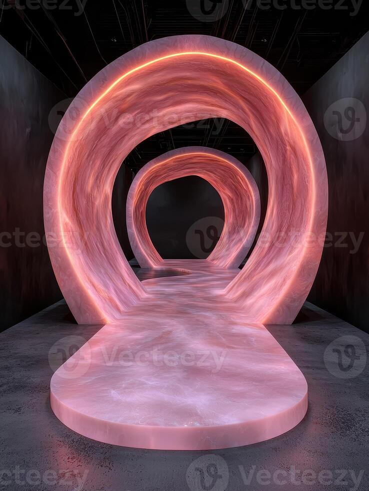 Abstract pink marble tunnel with glowing neon lights, modern architecture interior design photo