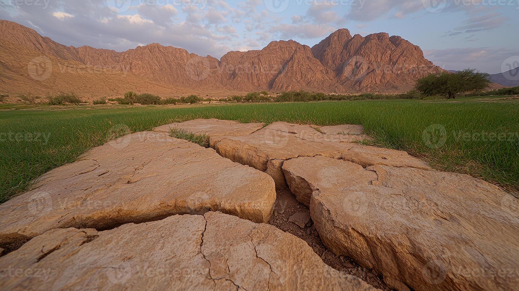 Cracked earth in a desert landscape with mountains in the background photo