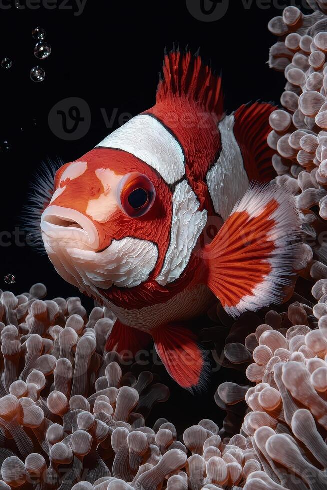 Close up of a vibrant red and white ocellaris clownfish in its anemone home photo