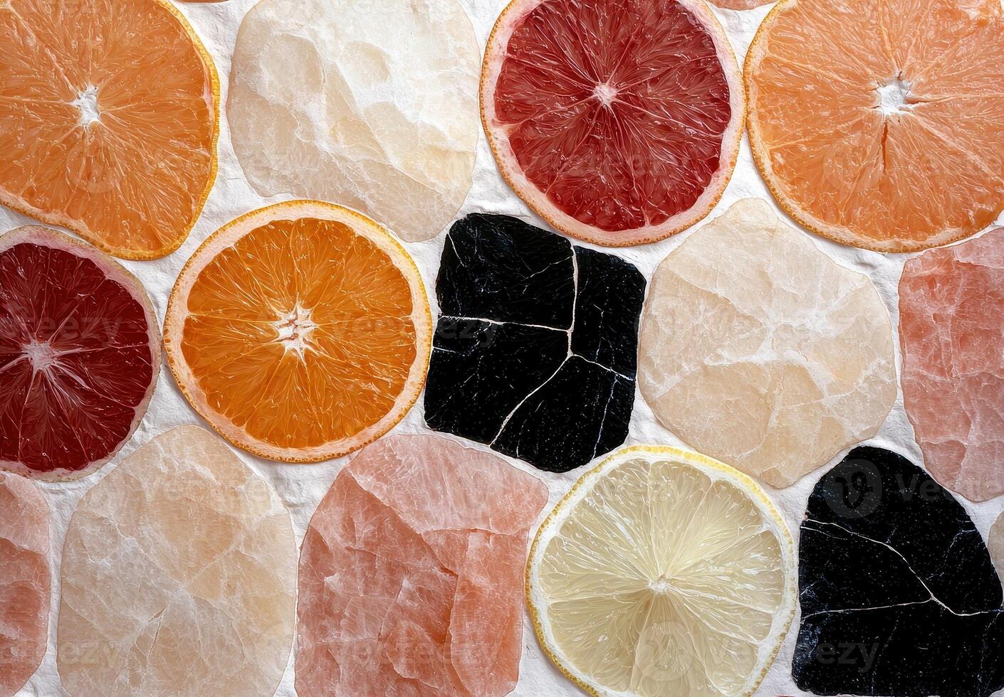 Citrus fruit slices arranged on a stone background photo
