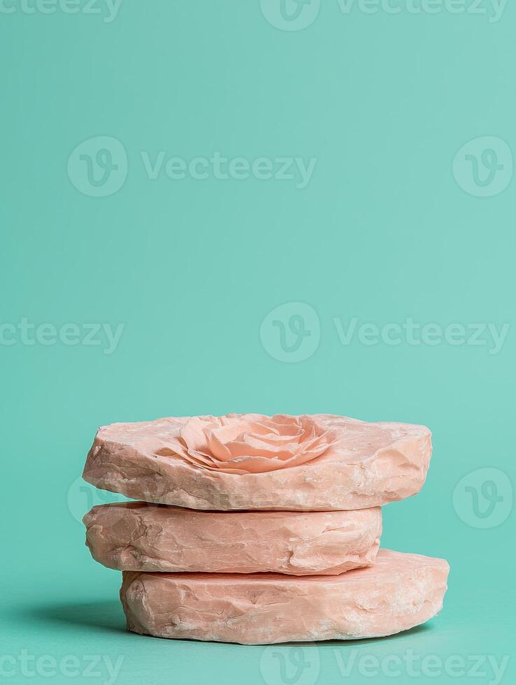 Stack of pink soap bars with a rose on top, on a teal background photo