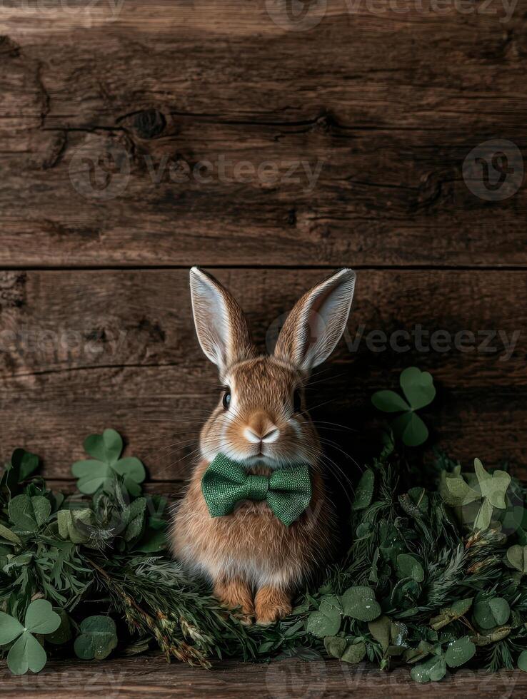 Adorable bunny rabbit wearing a green bow tie surrounded by shamrocks photo