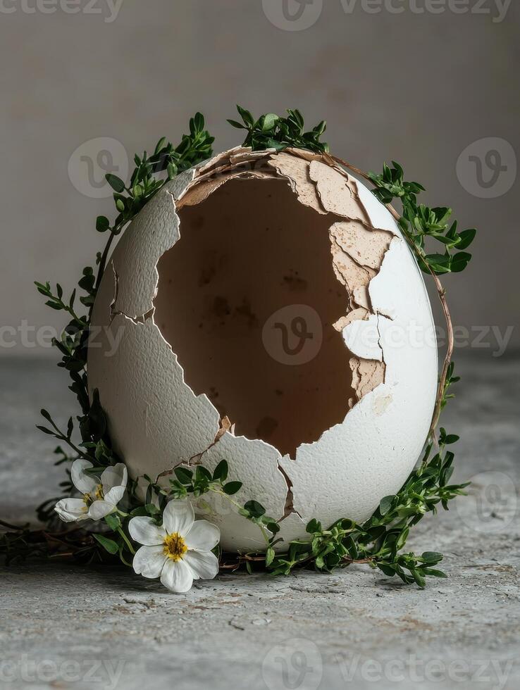 Cracked eggshell with spring flowers and greenery photo