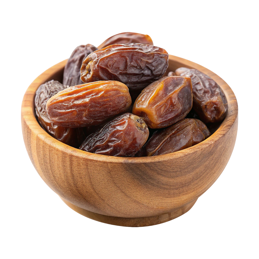 Fresh dates in a wooden bowl isolated on transparent background png