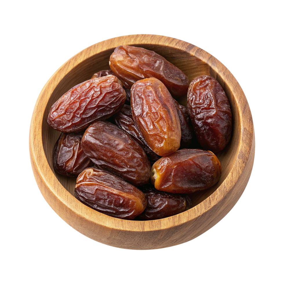 Organic dates in rustic wooden bowl isolated on clear background png