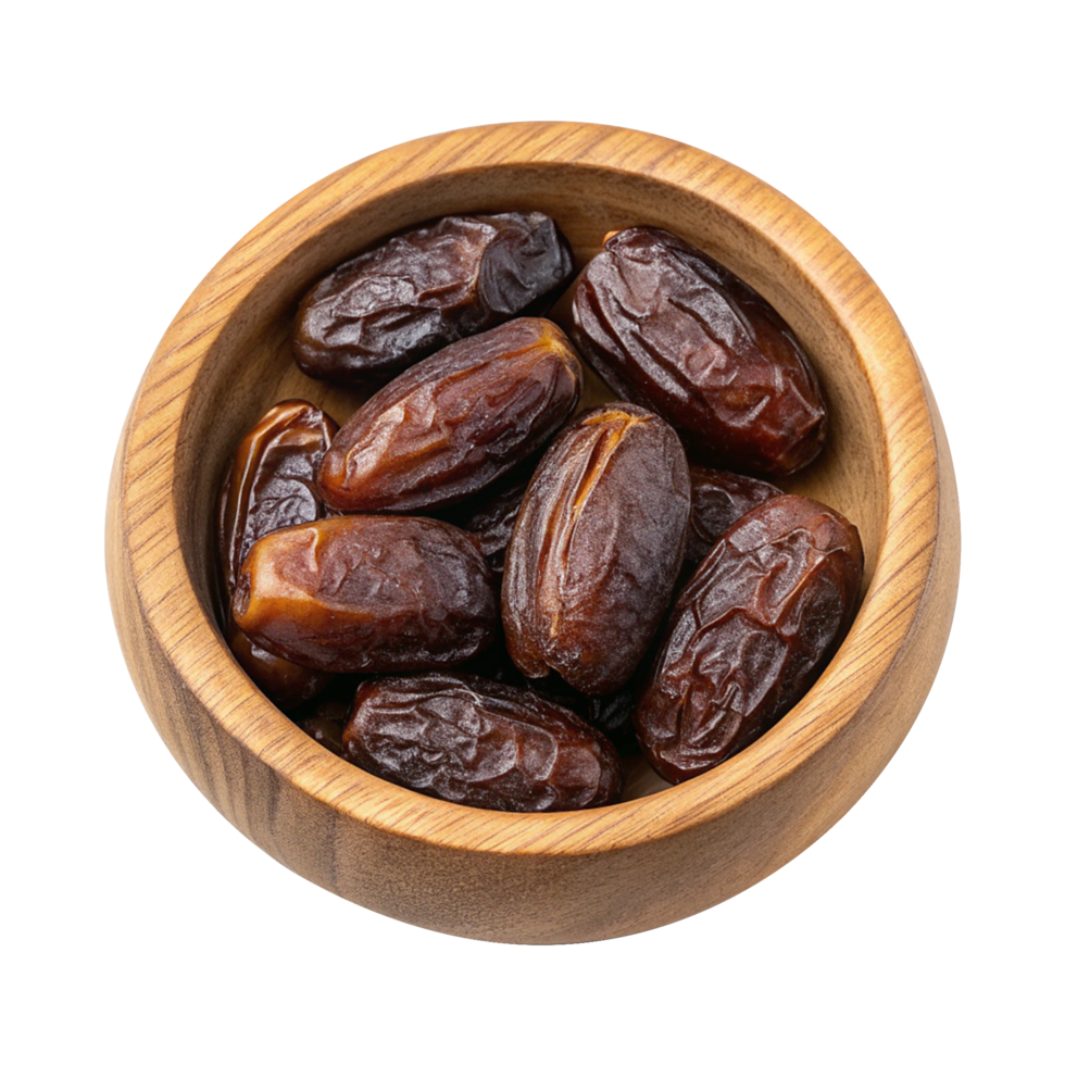 Sweet and ripe dates in a wooden bowl on a see-through background png
