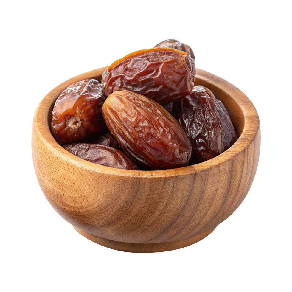 Tasty dates in a handcrafted wooden bowl on transparent background png