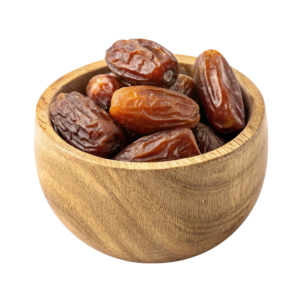 Wholesome dates in a rustic wooden bowl on a transparent background png