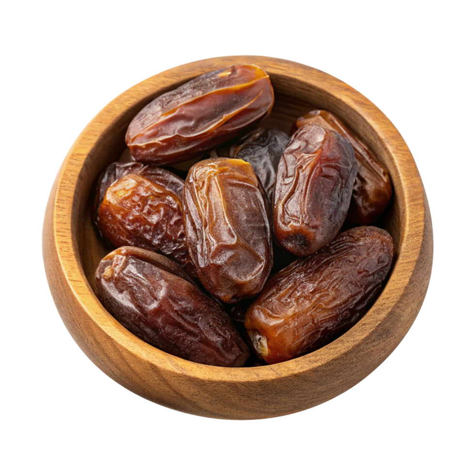 Dates in a traditional wooden bowl isolated on transparent background png