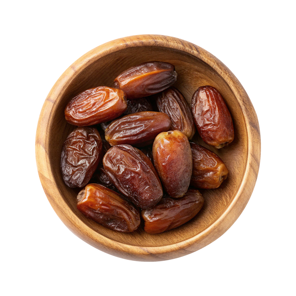 Delicious dates presented in a wooden bowl on a clear background png