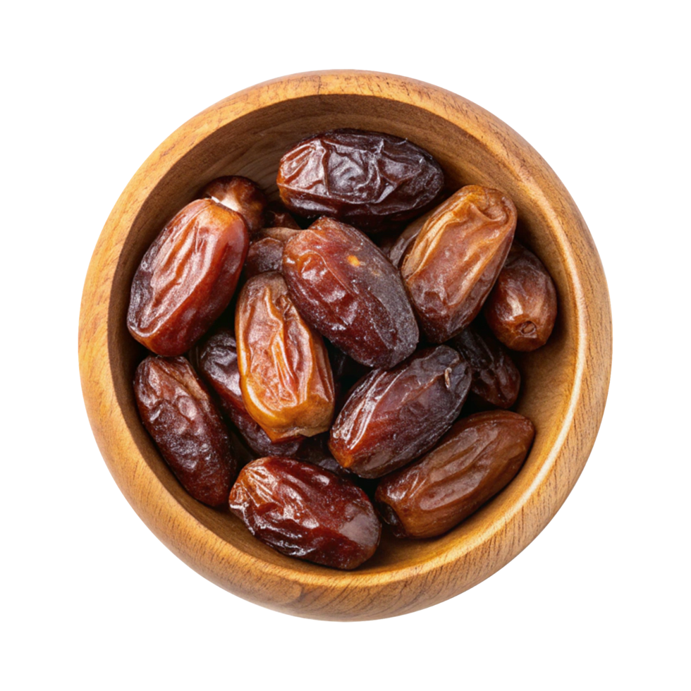 Natural dates served in a wooden bowl on transparent background png