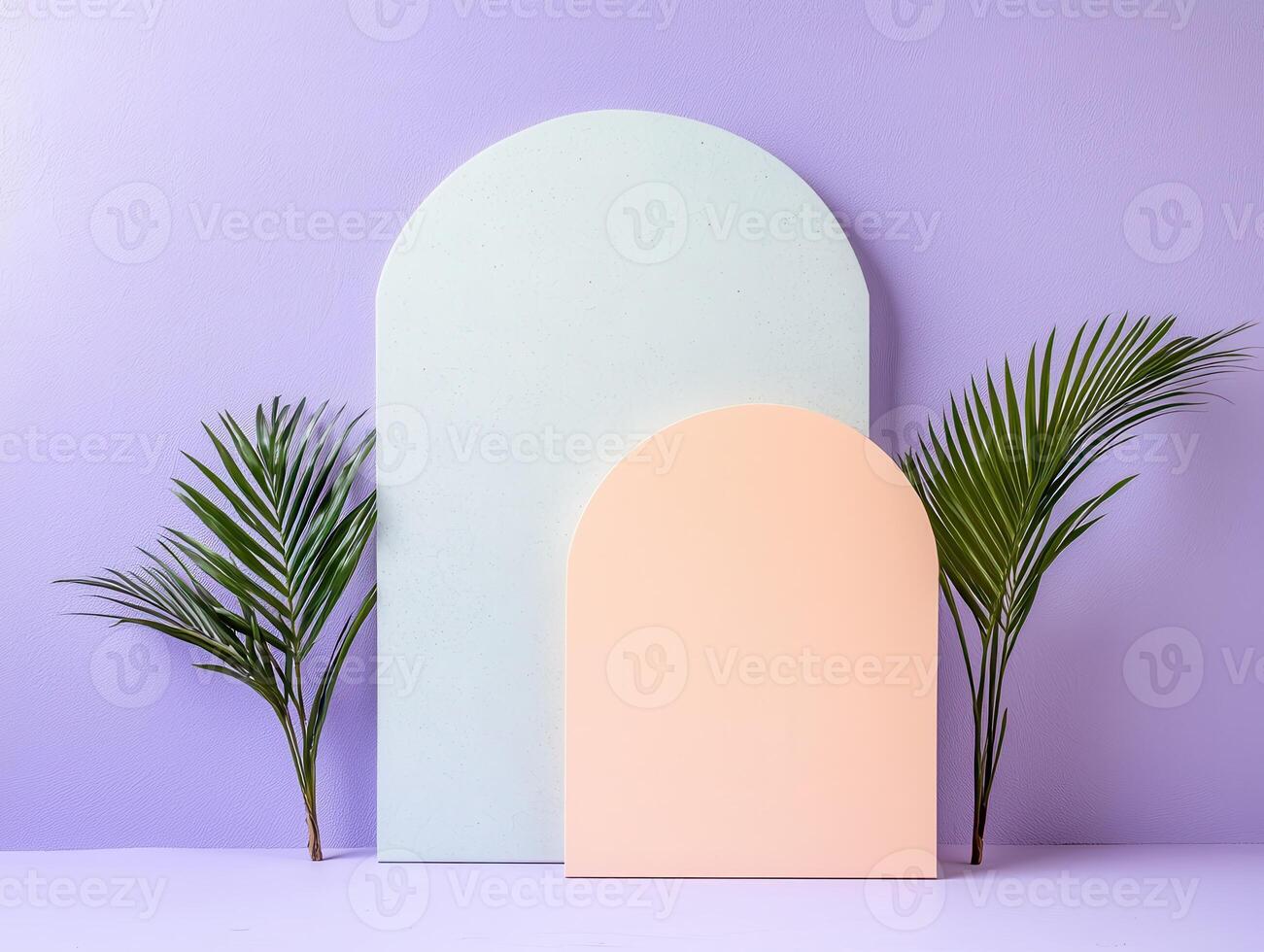 Pastel arch background with tropical plants for product display photo
