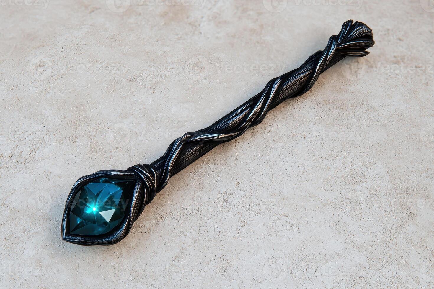 Dark fantasy magic wand with glowing teal gemstone photo