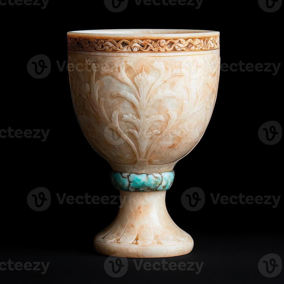 Intricate Carved Alabaster Goblet with Turquoise Accents photo