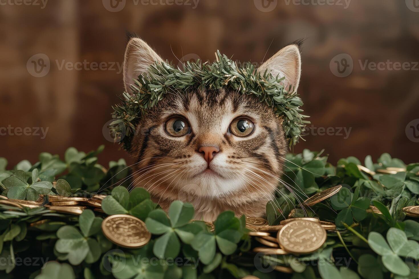 Adorable kitten wearing a wreath sits in a pile of gold coins and shamrocks photo