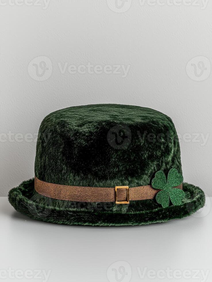 Green fuzzy leprechaun hat with gold buckle and shamrock photo