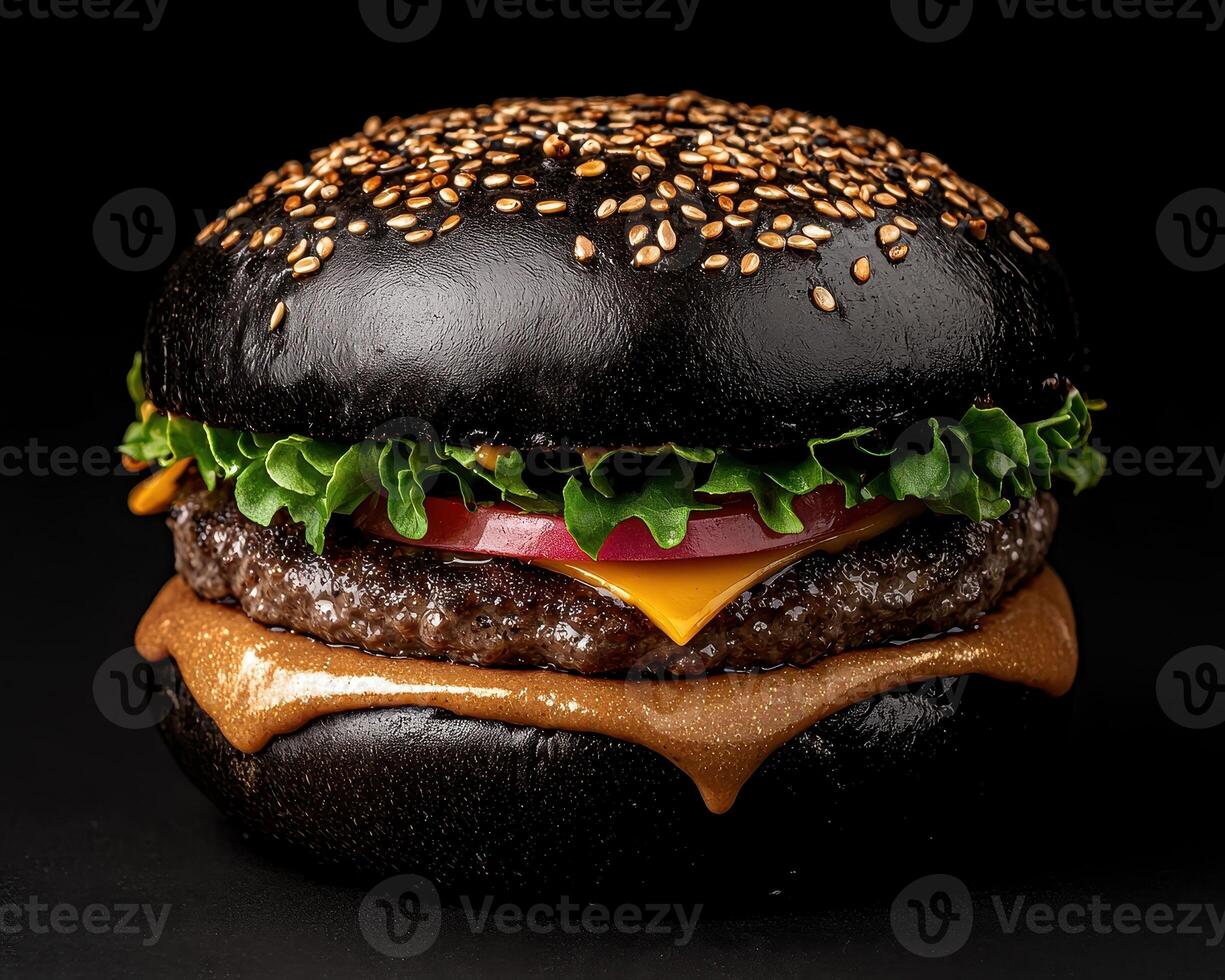 Close up of a gourmet black burger with sesame seeds, lettuce, tomato, onion, cheese, and peanut butter sauce photo
