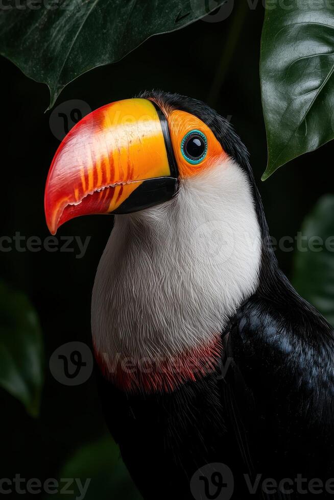Close up of a colorful toucan in a lush green rainforest photo
