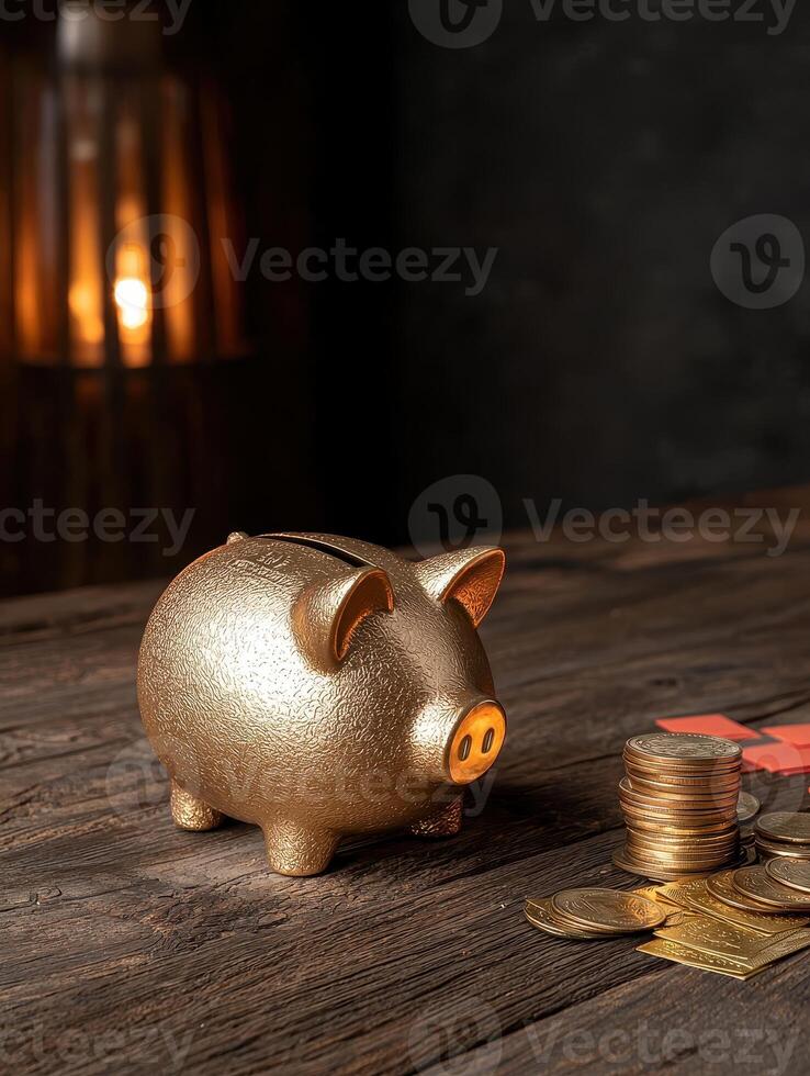 Golden piggy bank with stack of coins on wooden table photo