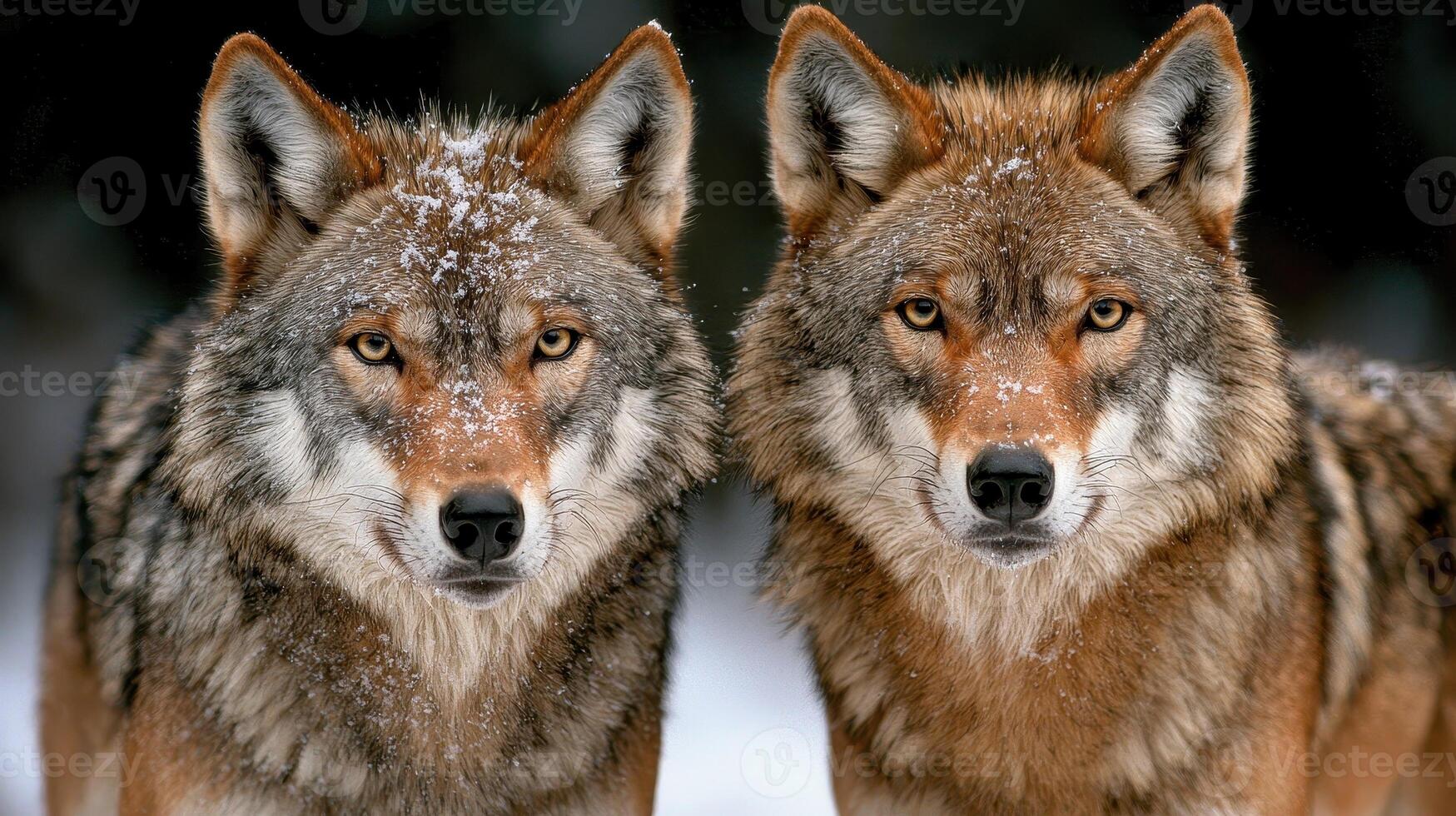 Two majestic wolves staring intensely into the camera, snow on their fur photo