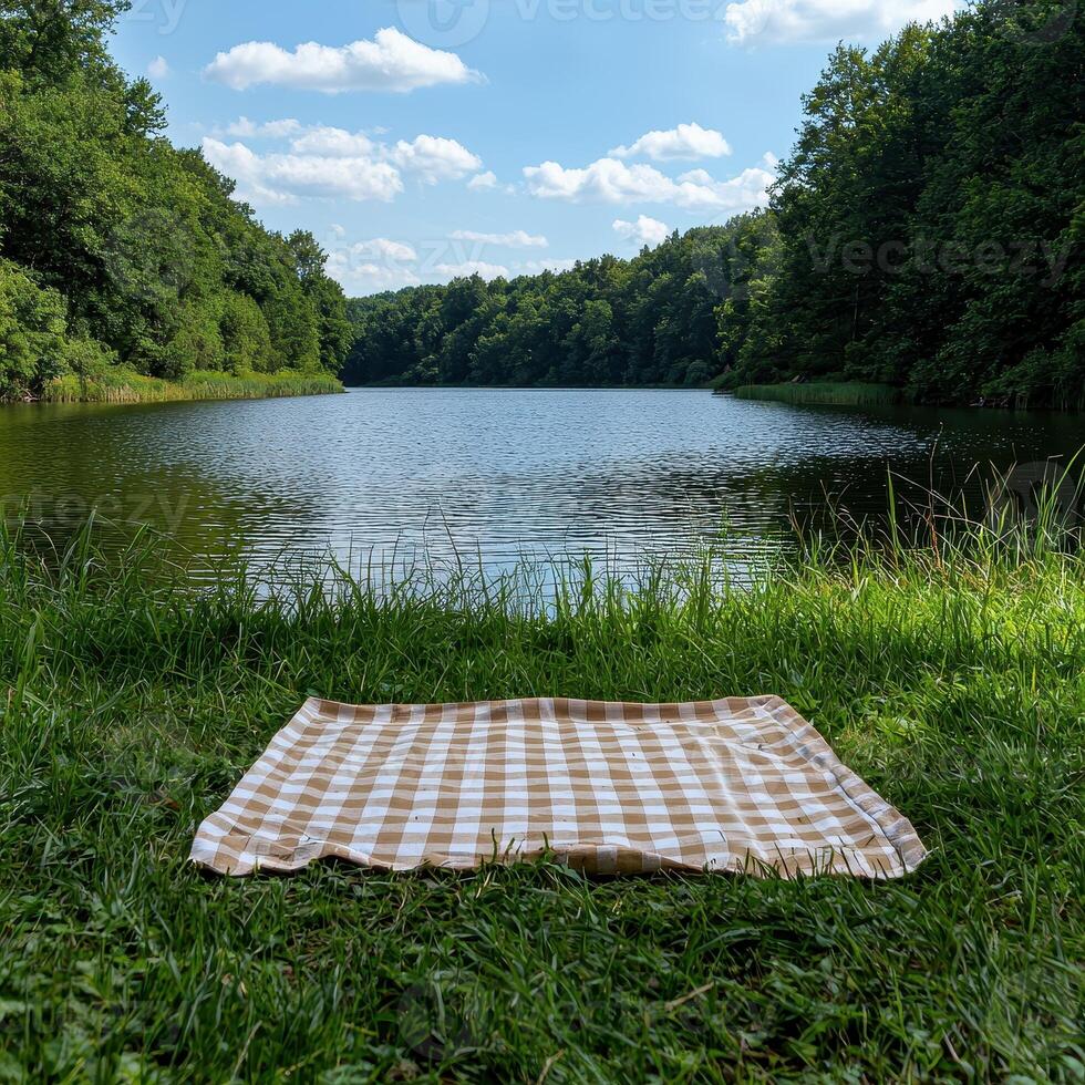 Picnic blanket by a lake in a forest photo