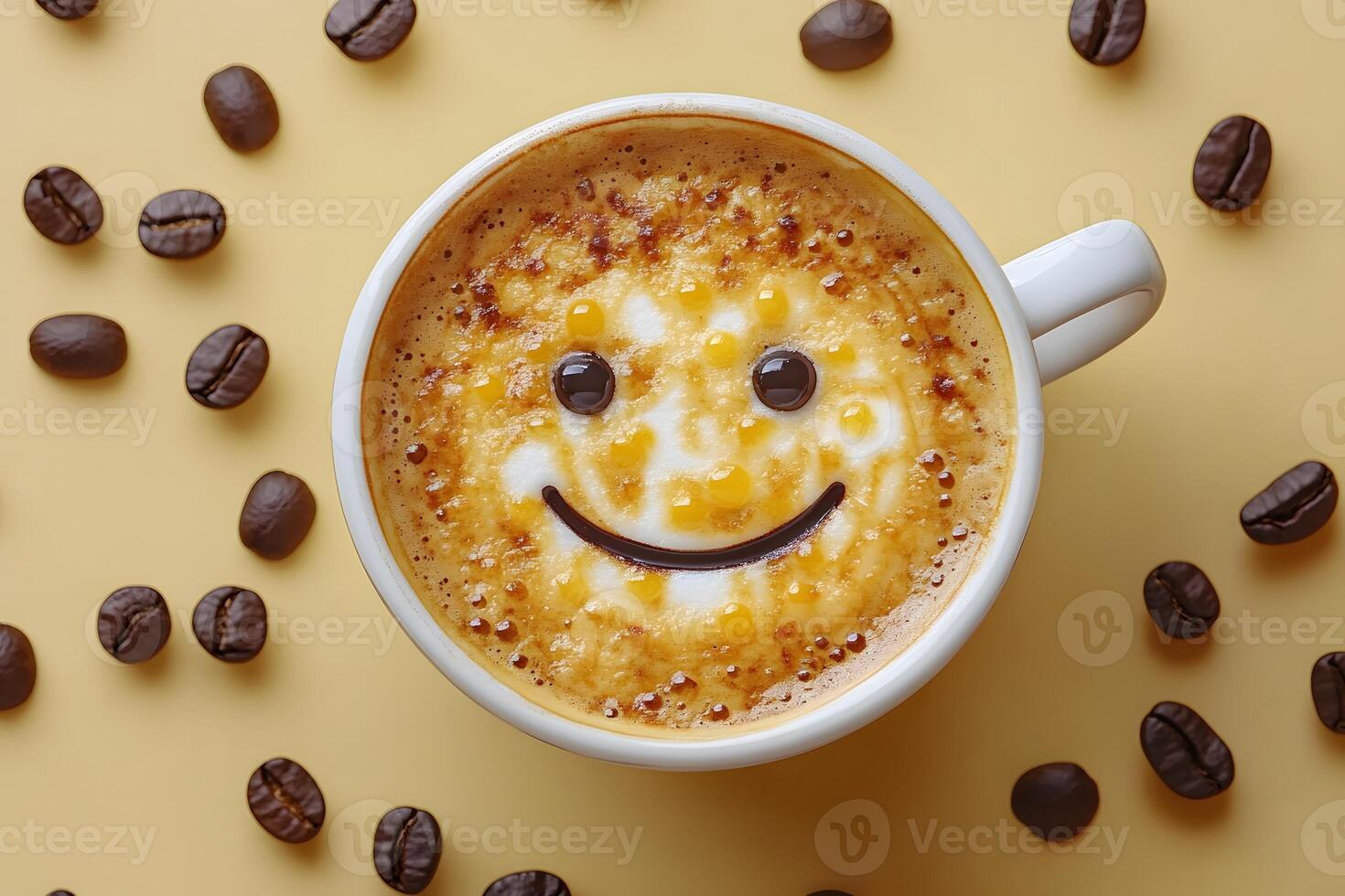 Cheerful Coffee Art with Smiley Face on Yellow Background for Cafes and Coffee Lovers photo