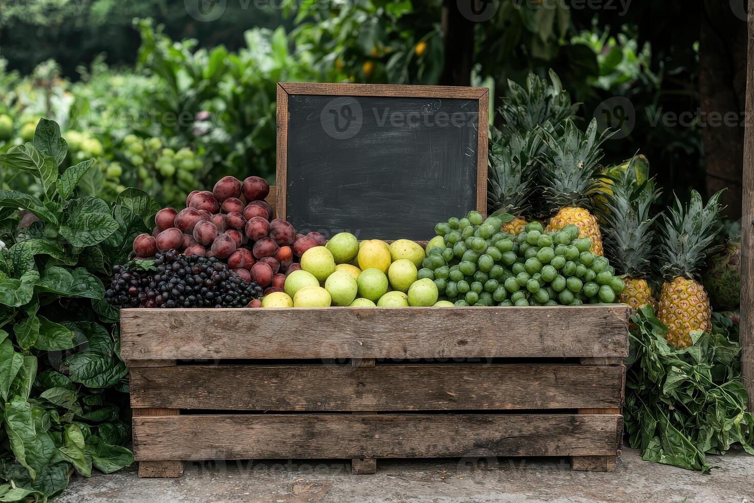 Fresh fruit in a wooden crate at a farmers market photo