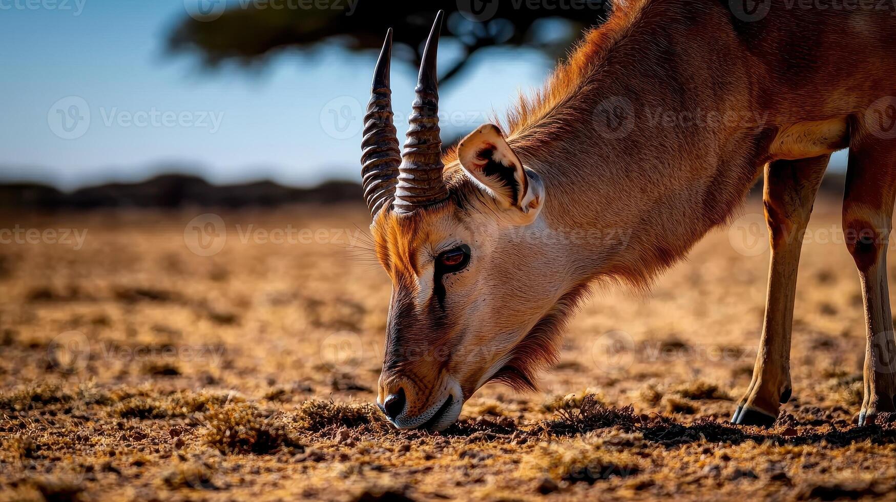 Close up of a male sable antelope grazing in the savanna photo