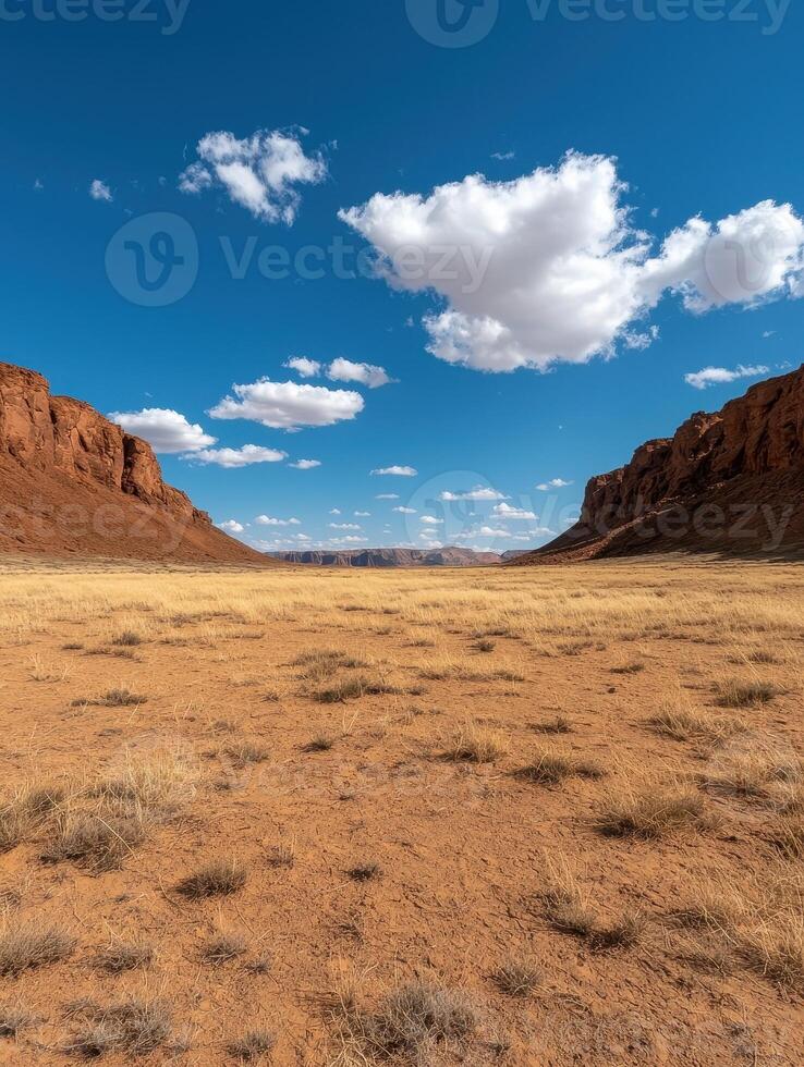 a desert landscape with a blue sky and clouds photo