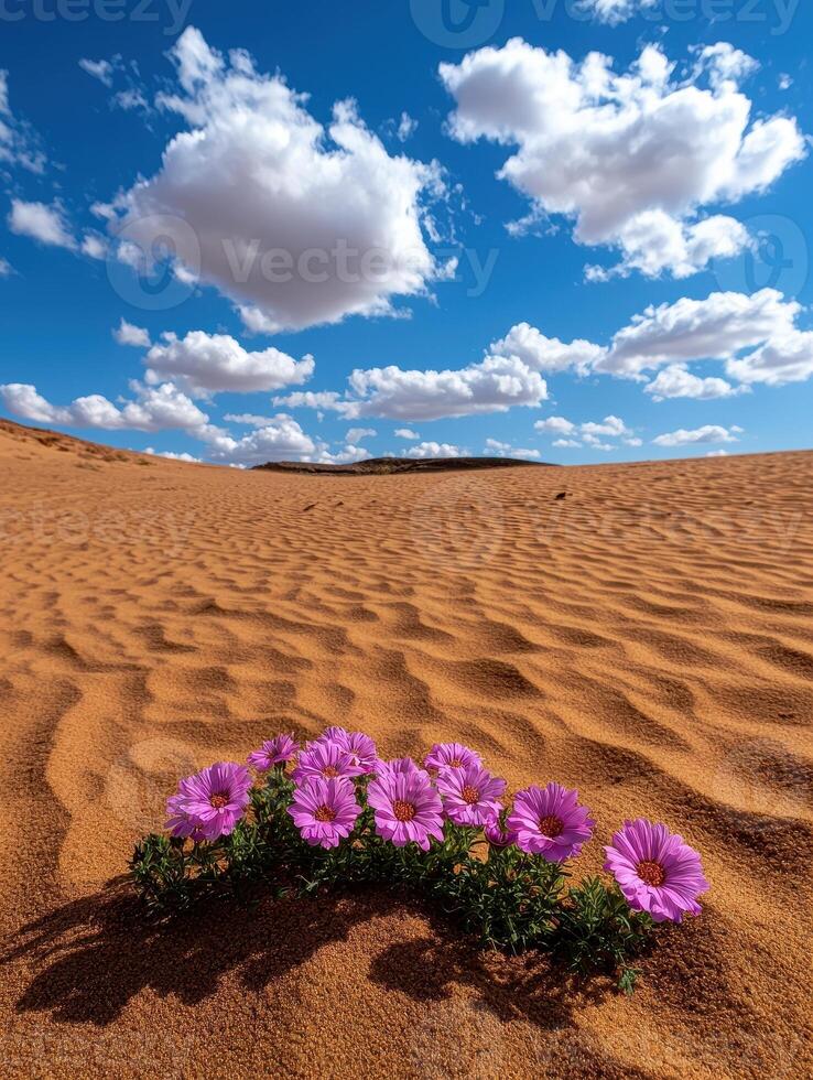 Pink desert flowers blooming in the sand dunes under a vibrant blue sky photo