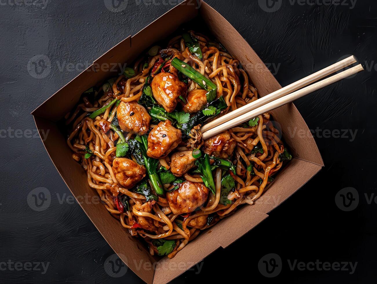 Delicious chicken and noodles takeout in a brown cardboard box photo