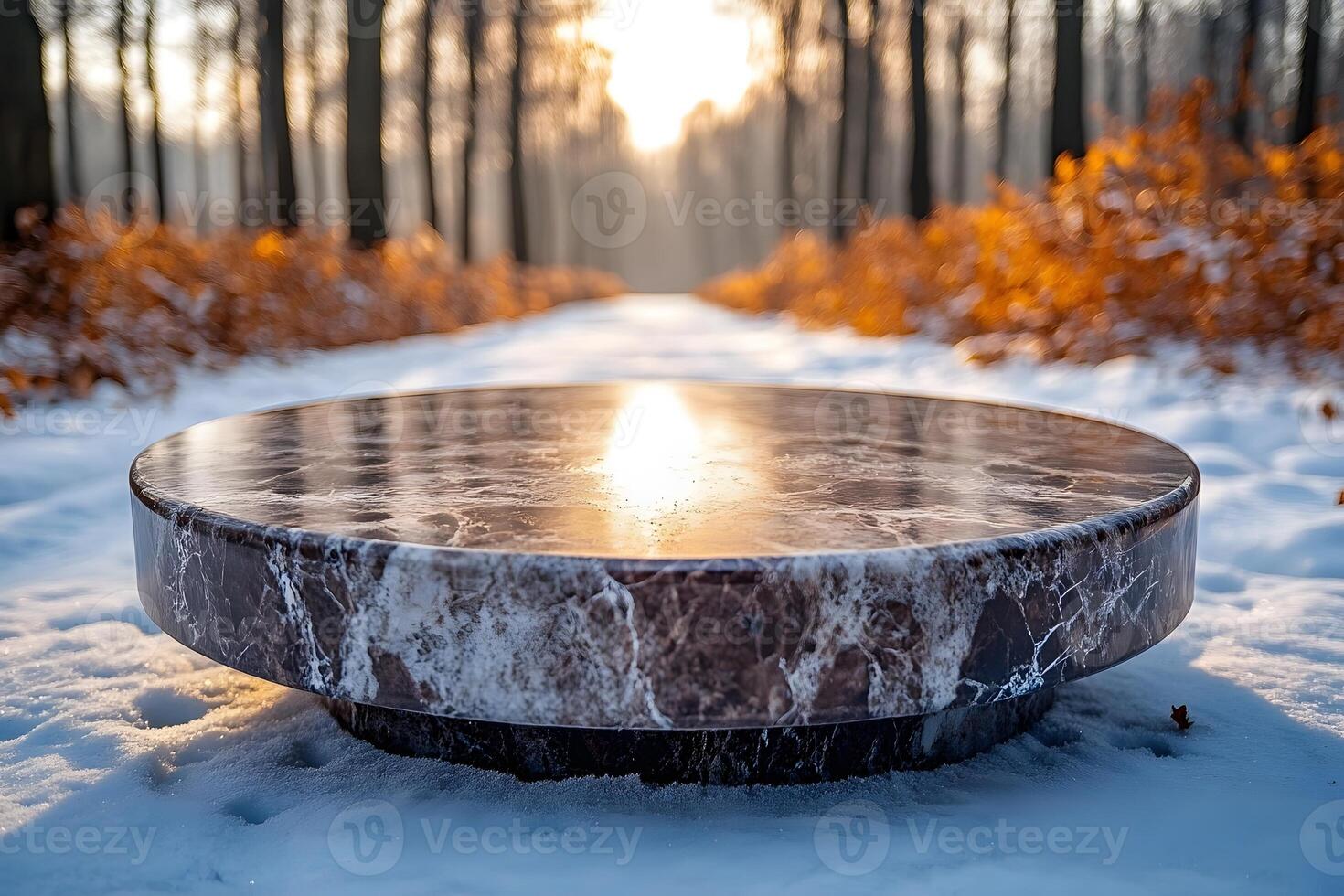 Winter Forest Pathway with Marble Table and Golden Sunlight in Tranquil Snowy Setting photo