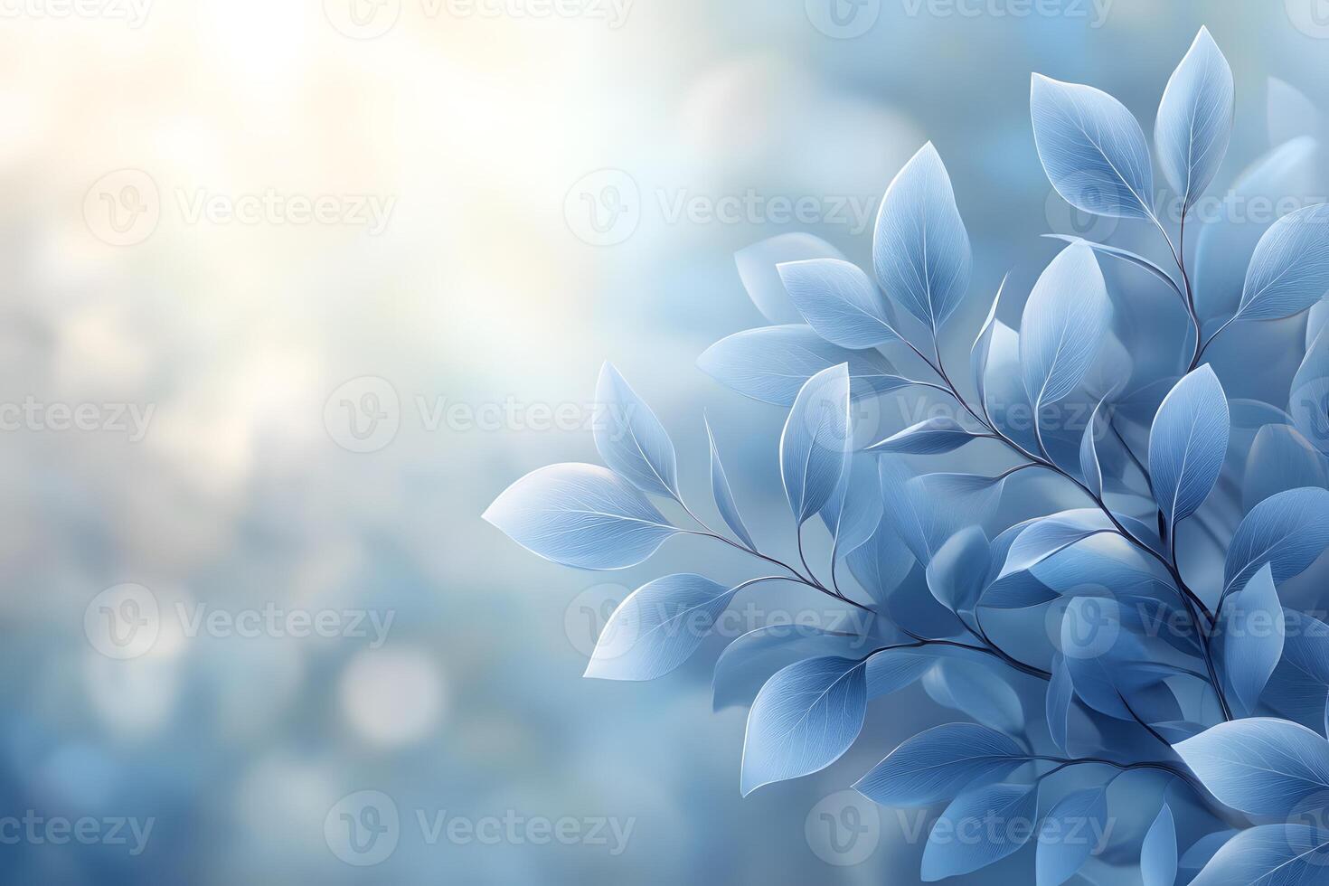 Serene Blue Foliage with Soft Bokeh Background for Nature-Themed Designs photo