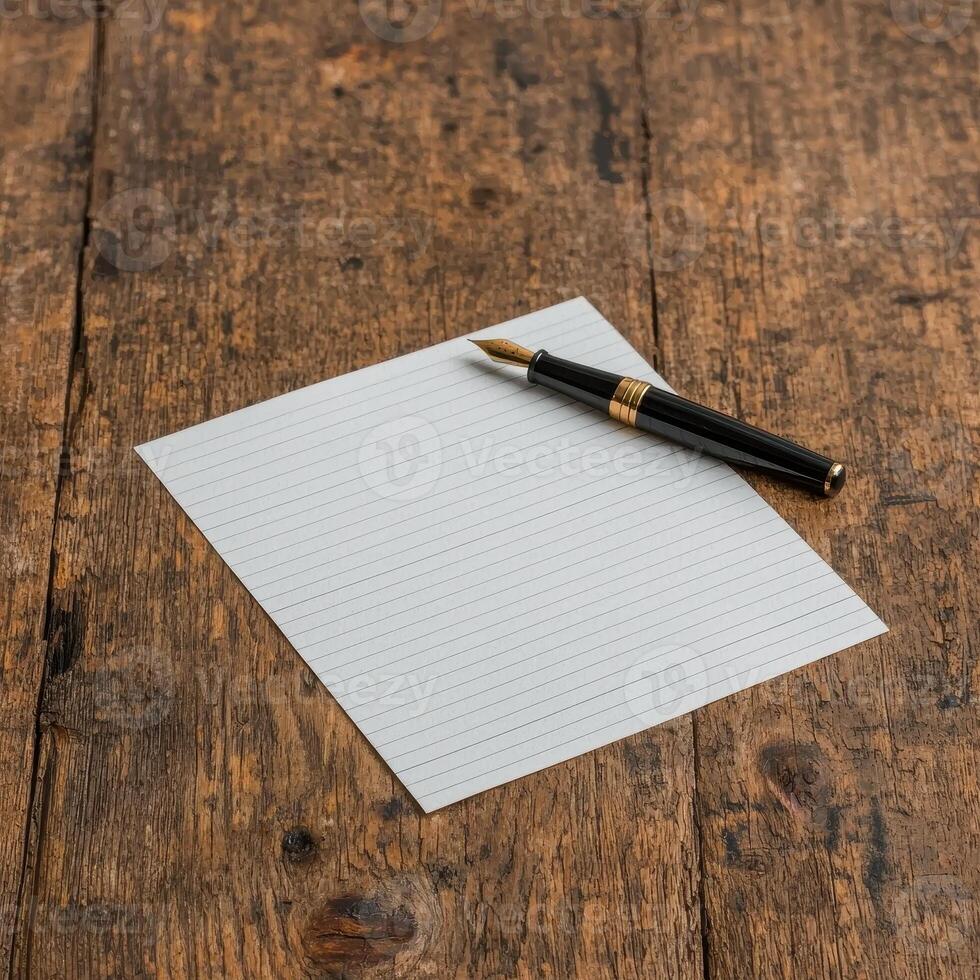 Blank lined paper and fountain pen on wooden table photo