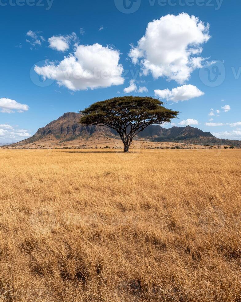 Single acacia tree in african savanna landscape under blue sky photo