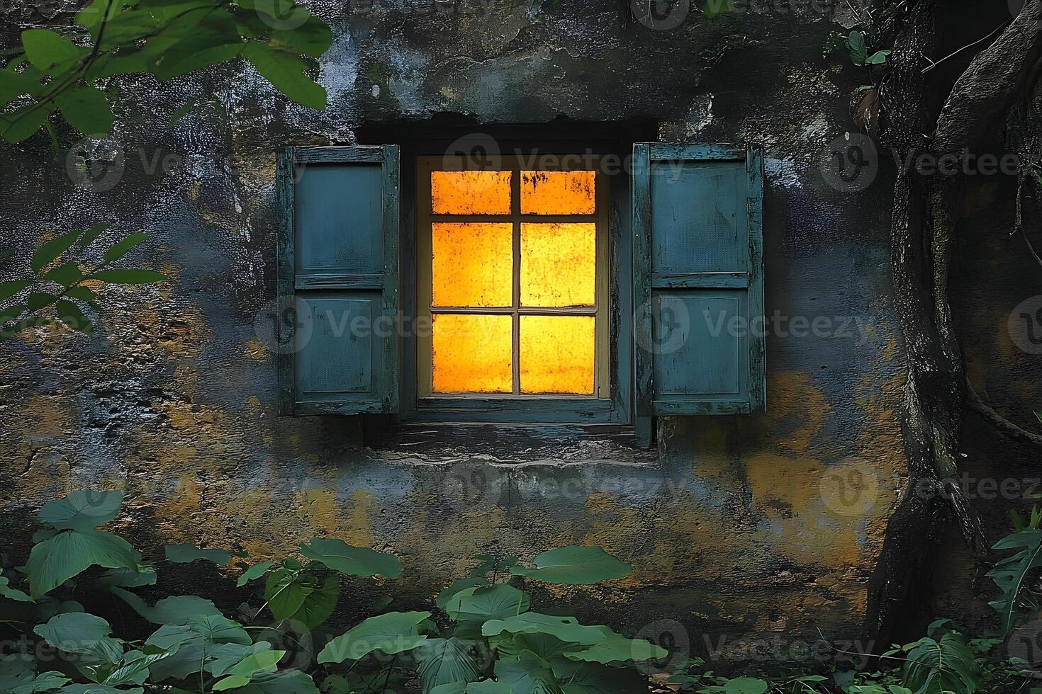 Rustic Enchanted Window with Glowing Light Surrounded by Lush Greenery photo