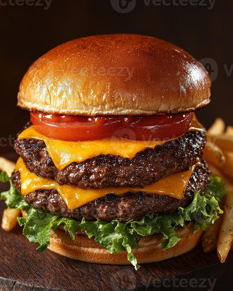 a large cheeseburger with lettuce, tomato and cheese photo
