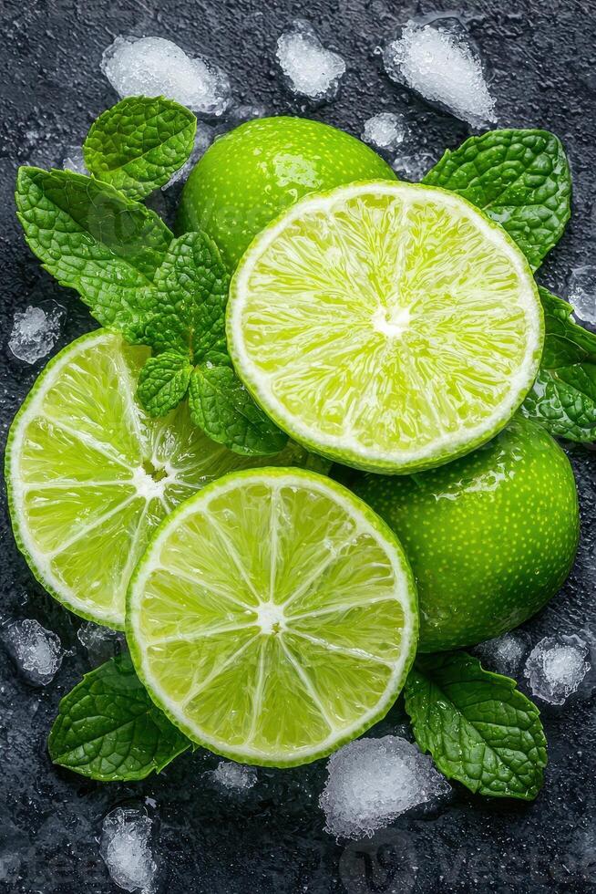 Close up of limes and mint leaves with ice cubes on a dark background photo