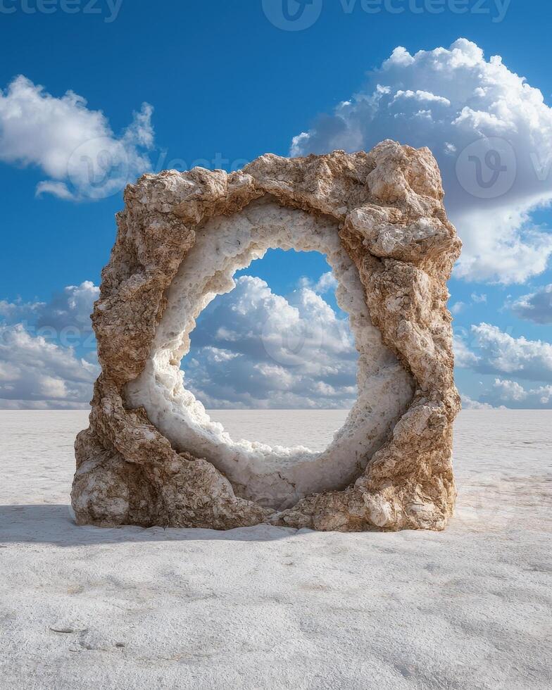 Stone arch in salt flat desert under blue sky photo