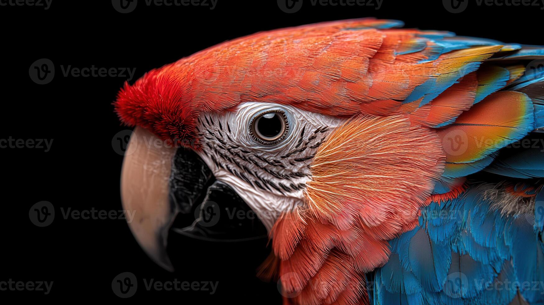 Close up of a scarlet macaws head and feathers photo