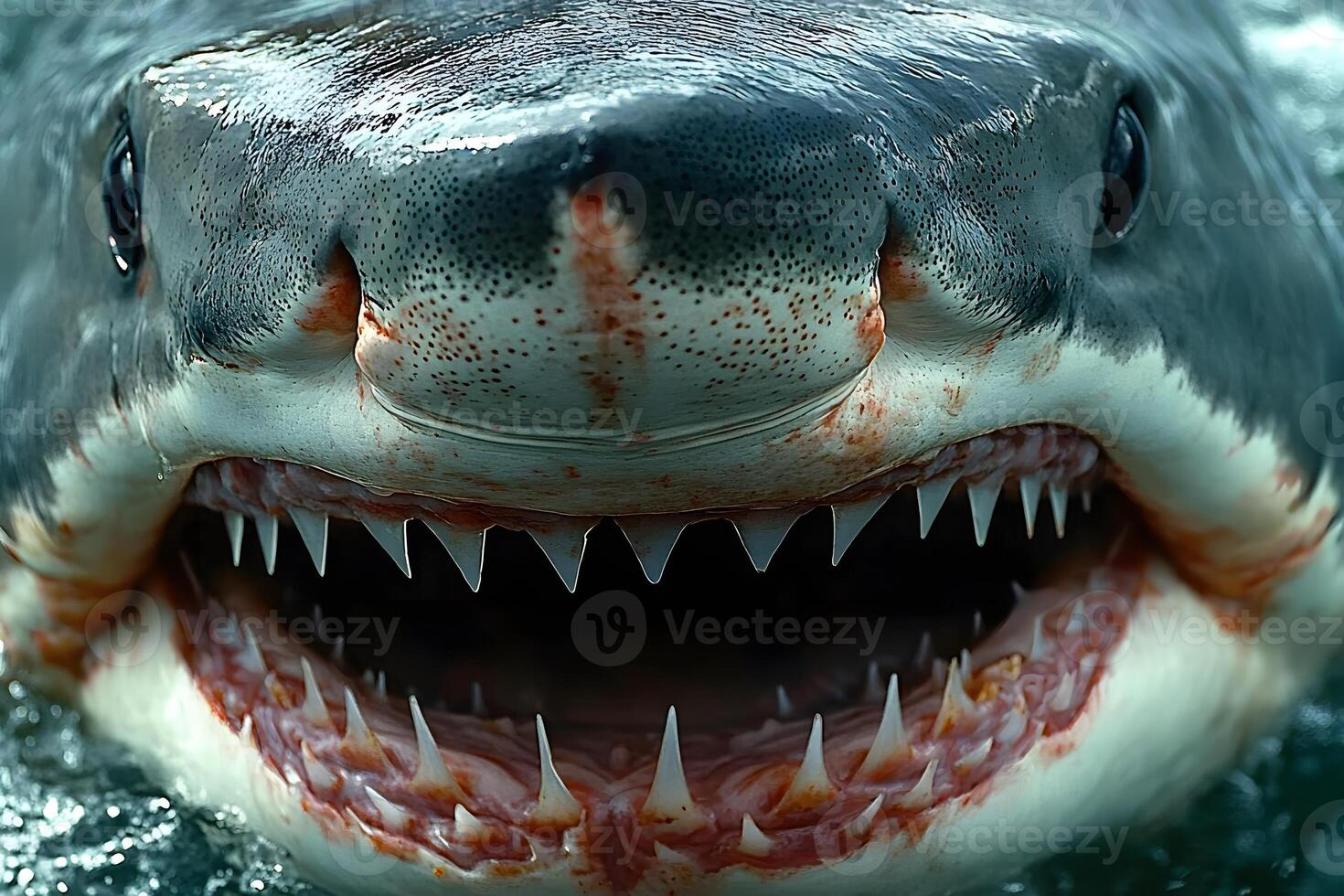 Dramatic Close-Up of Great White Shark's Open Jaw in Ocean Waters photo